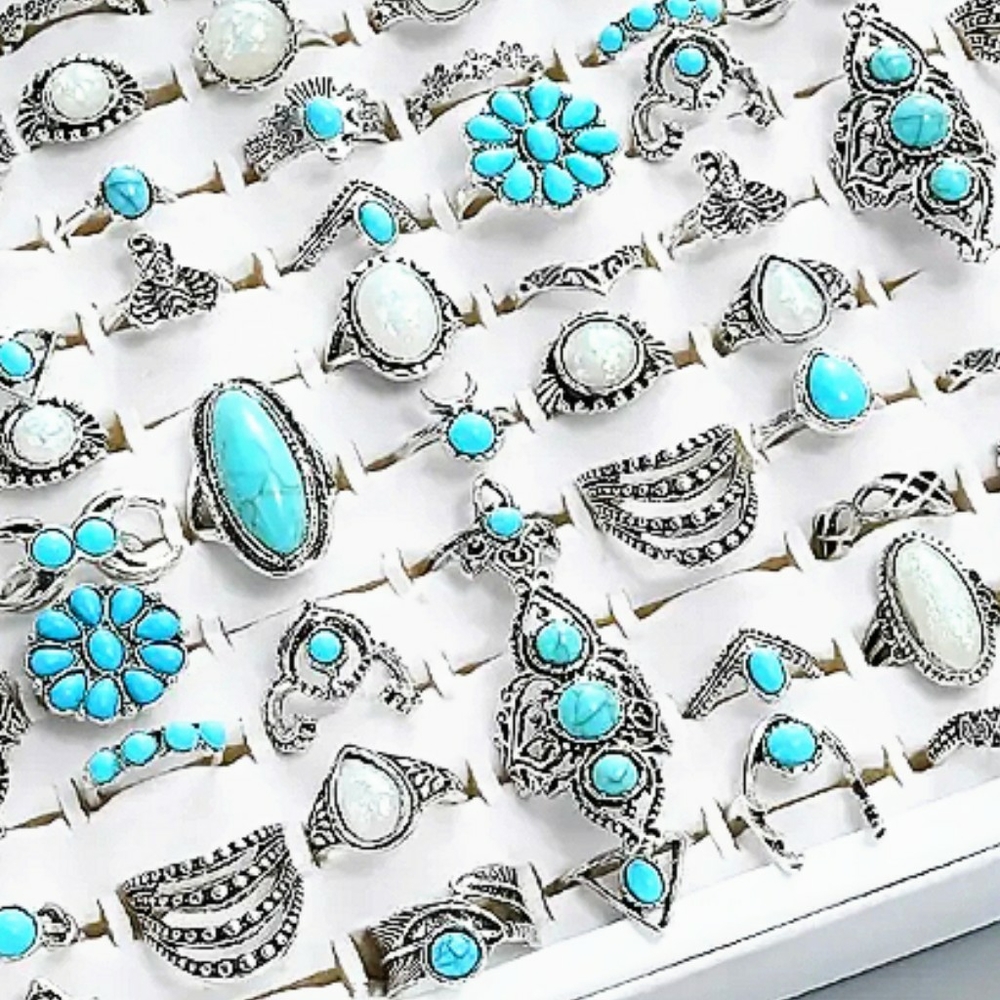 Silvertone Turquoise Opal Faux Lot of 40 Rings Boho Flower Fashion Ring GIFT New - Picture 2 of 15